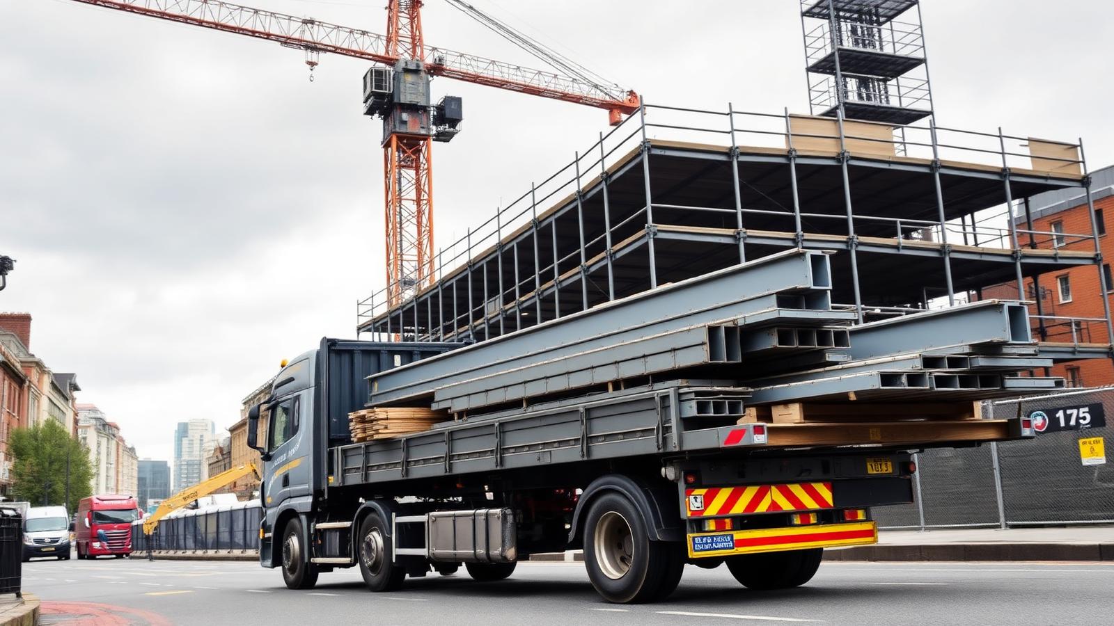 Flatbed lorry delivering structural steel to a city-centre construction site